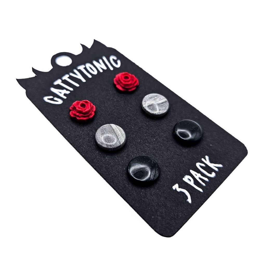Red Silver Black Set of 3 Stud Earring Pairs - Minimalist Handmade Earring Pack